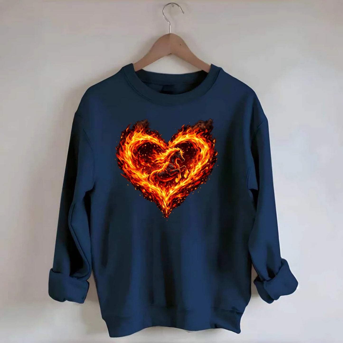 HEART OF FIRE | Flaming heart with horse silhouette inside | Passion embodied - Crewneck Sweatshirt - navy