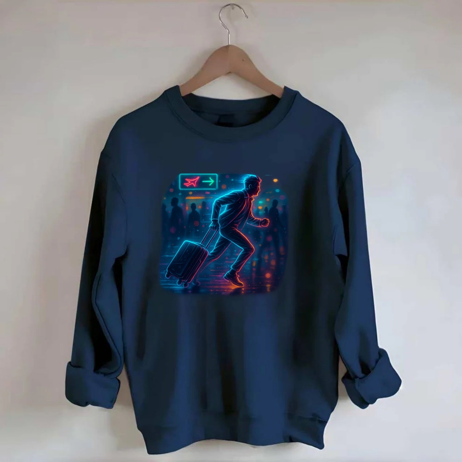 person running with luggage through crowded airport terminal - Crewneck Sweatshirt - navy