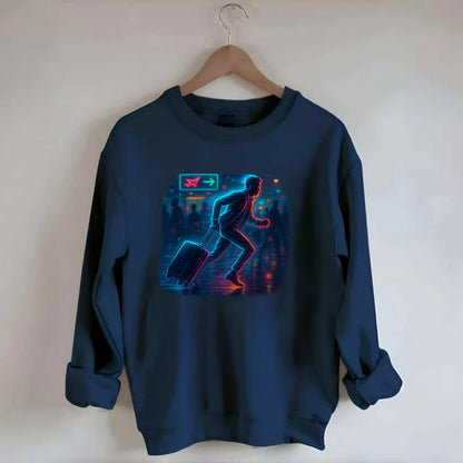 person running with luggage through crowded airport terminal - Crewneck Sweatshirt - navy