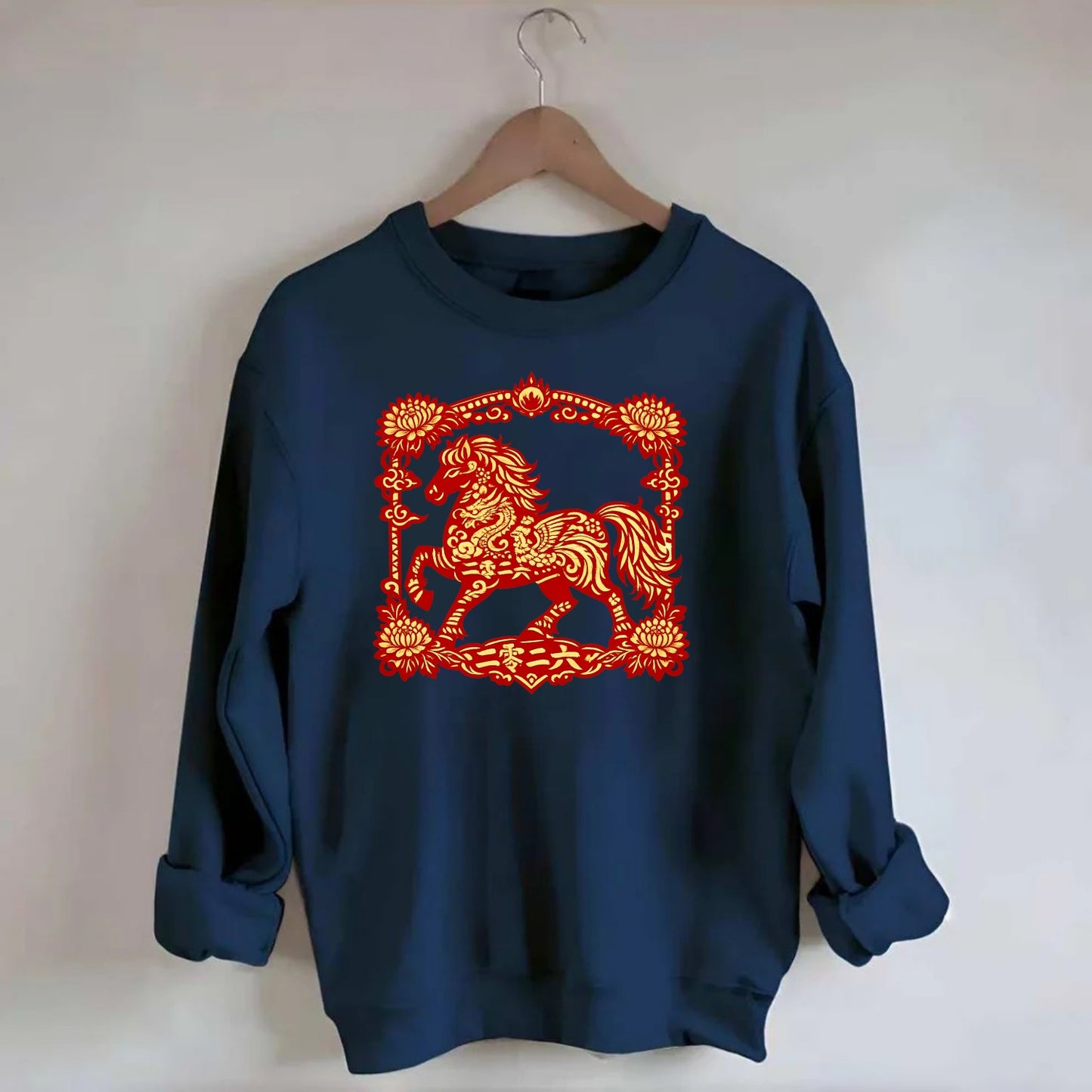 HORSE | Silk style horse design | Gold and silver thread appearance | Phoenix - Crewneck Sweatshirt - navy