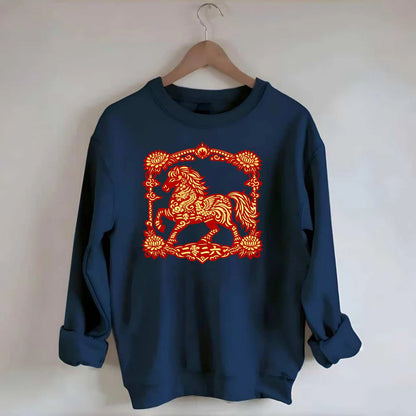 HORSE | Silk style horse design | Gold and silver thread appearance | Phoenix - Crewneck Sweatshirt - navy