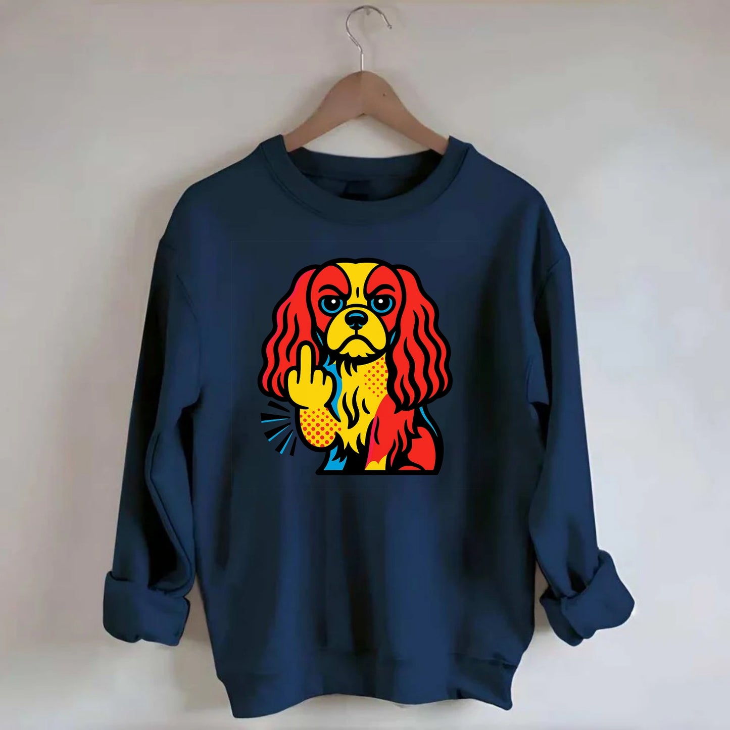 Cavalier King Charles Spaniel with long ears, regal paw giving finger - Crewneck Sweatshirt - navy