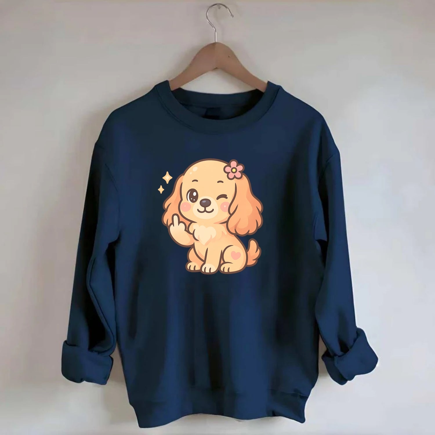 Cocker Spaniel with long wavy ears, gentle face, paw flipping off - Crewneck Sweatshirt - navy