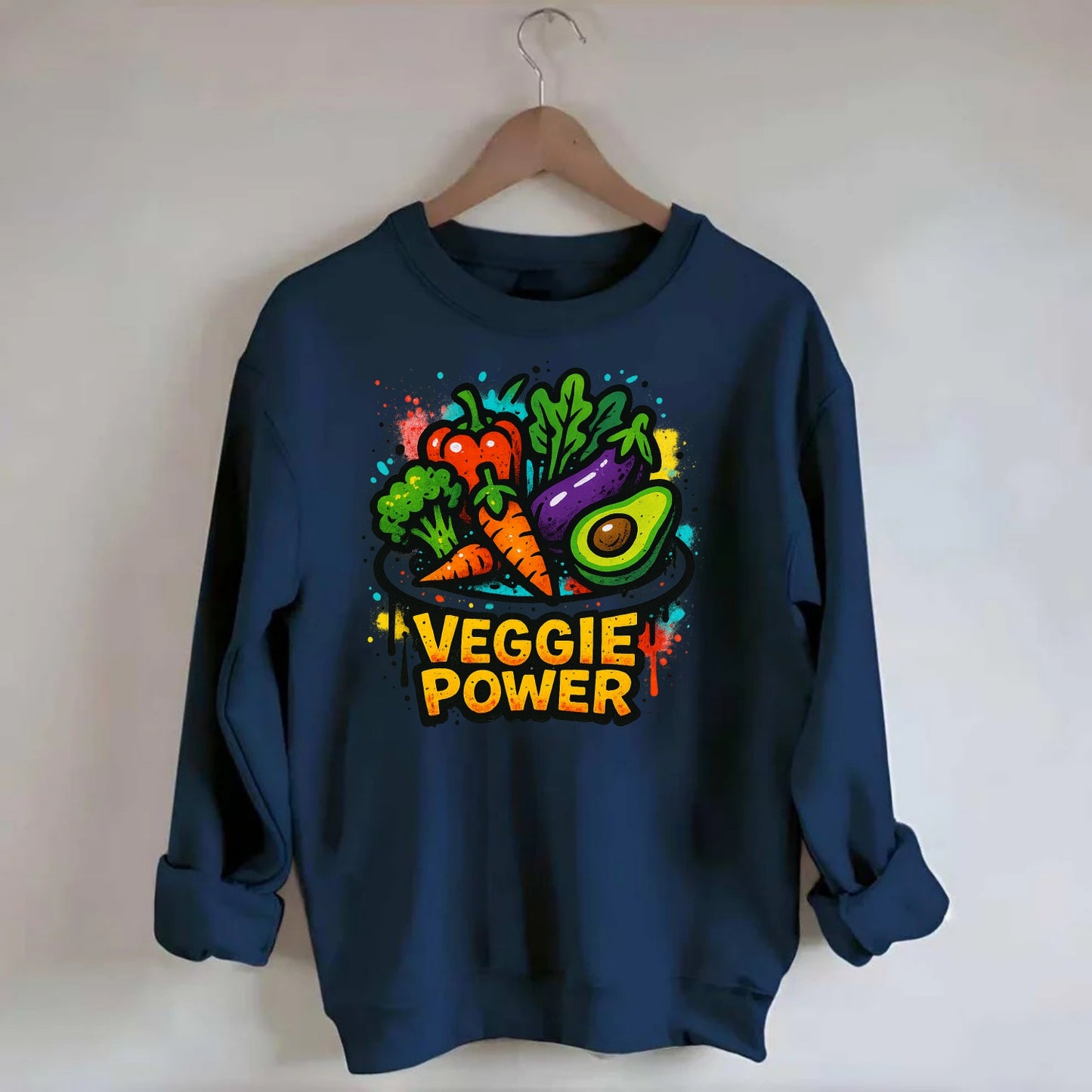 Colorful vegetables and plants on plate - plant-based lifestyle, veggie power - Crewneck Sweatshirt - navy