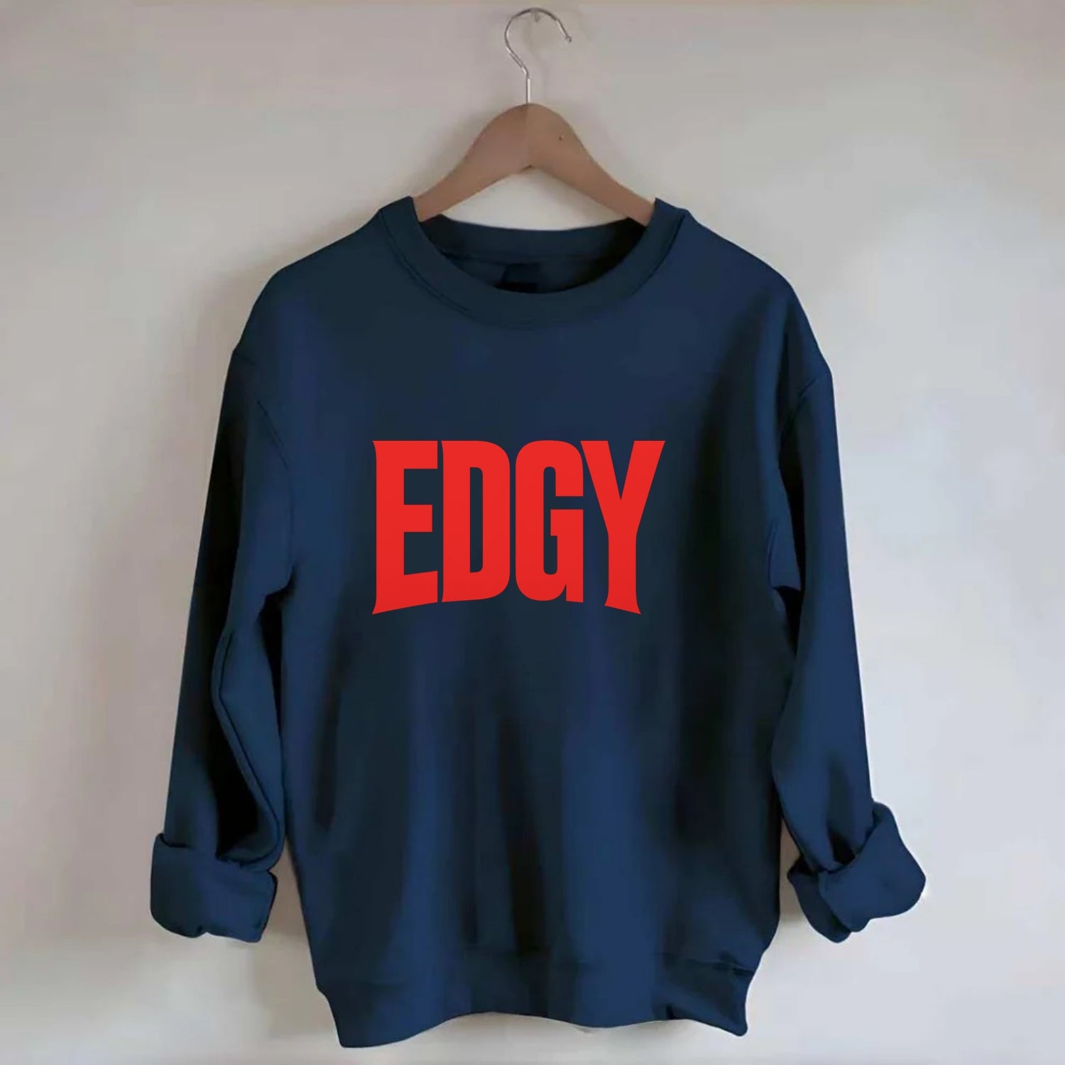 Bold typography design - "EDGY" - pushing boundaries, unconventional - Crewneck Sweatshirt - navy