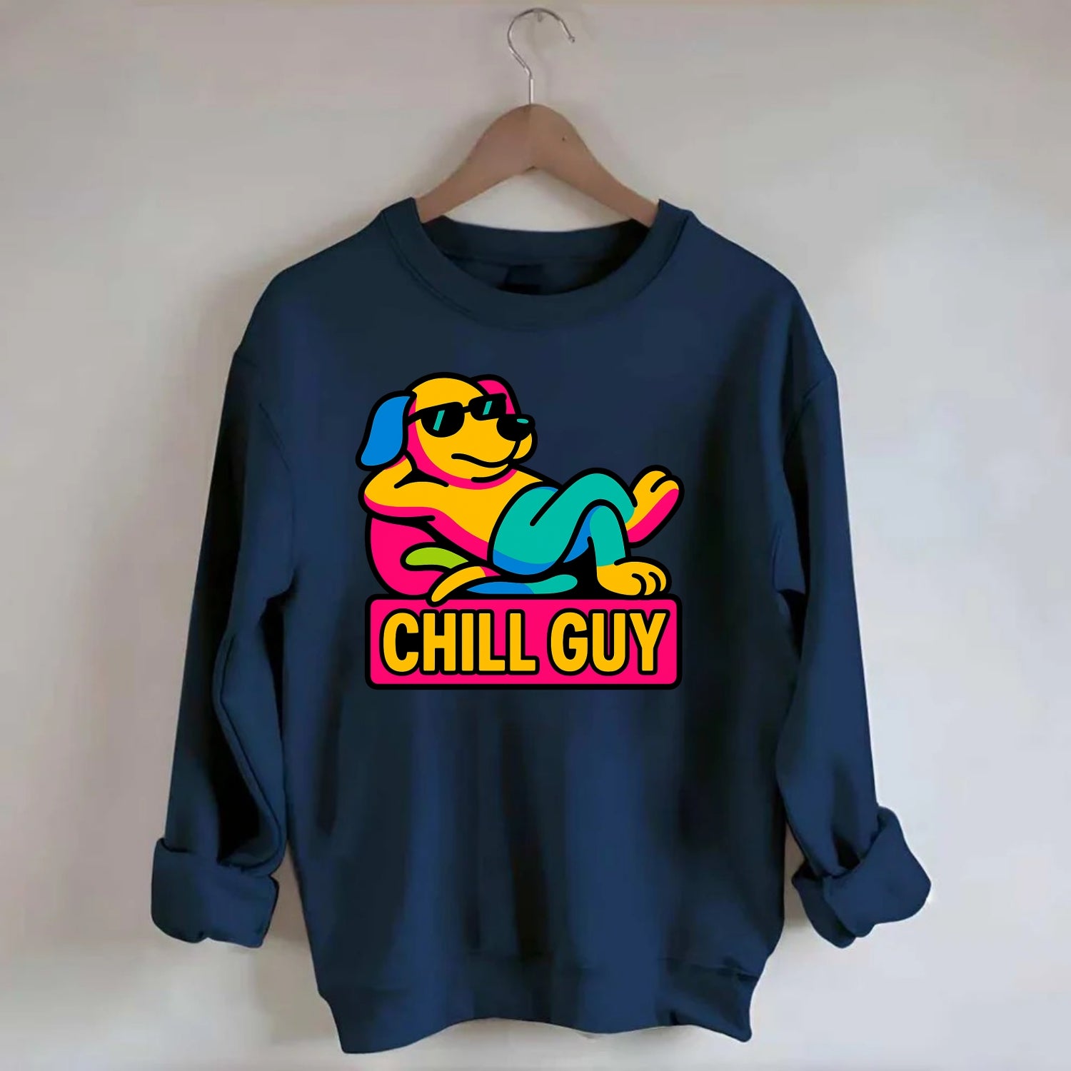 Super relaxed dog character lounging unbothered - "Chill Guy" meme energy, - Crewneck Sweatshirt - navy