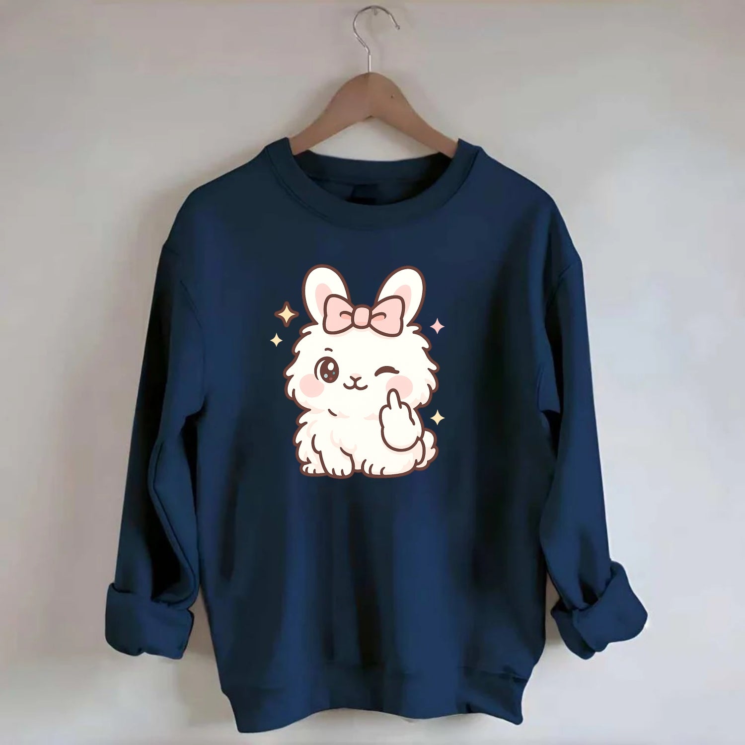 fluffy white angora rabbit with pink bow, one paw delicately flipping off - Crewneck Sweatshirt - navy