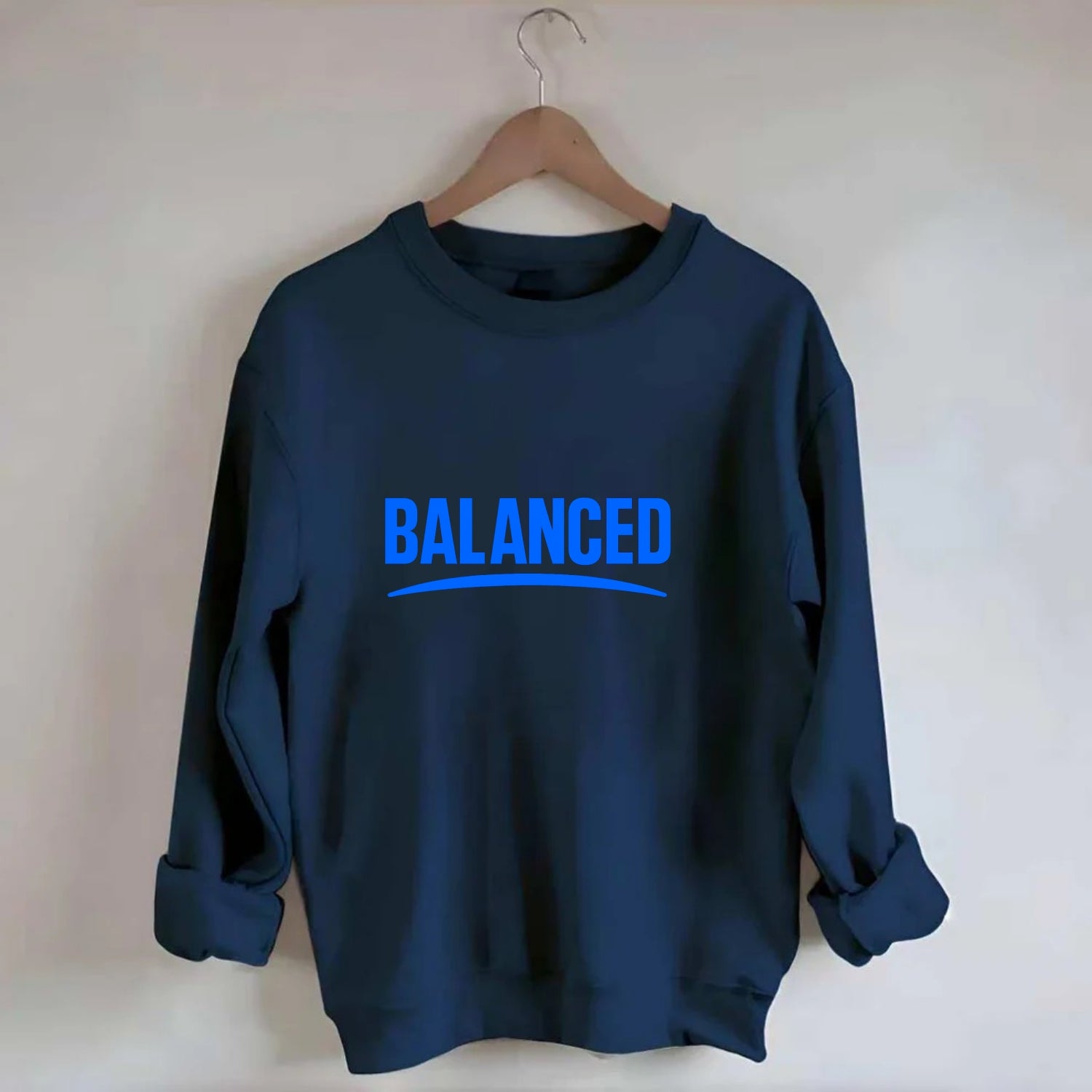 Bold typography design - "BALANCED" - harmony, equilibrium, centered life - Crewneck Sweatshirt - navy