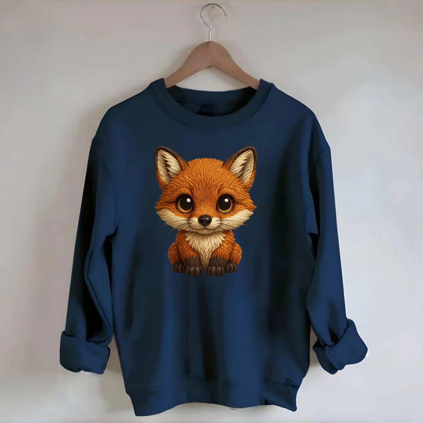 Baby Red Fox - russet fur, white chest, big amber eyes, perky ears, - Crewneck Sweatshirt - navy