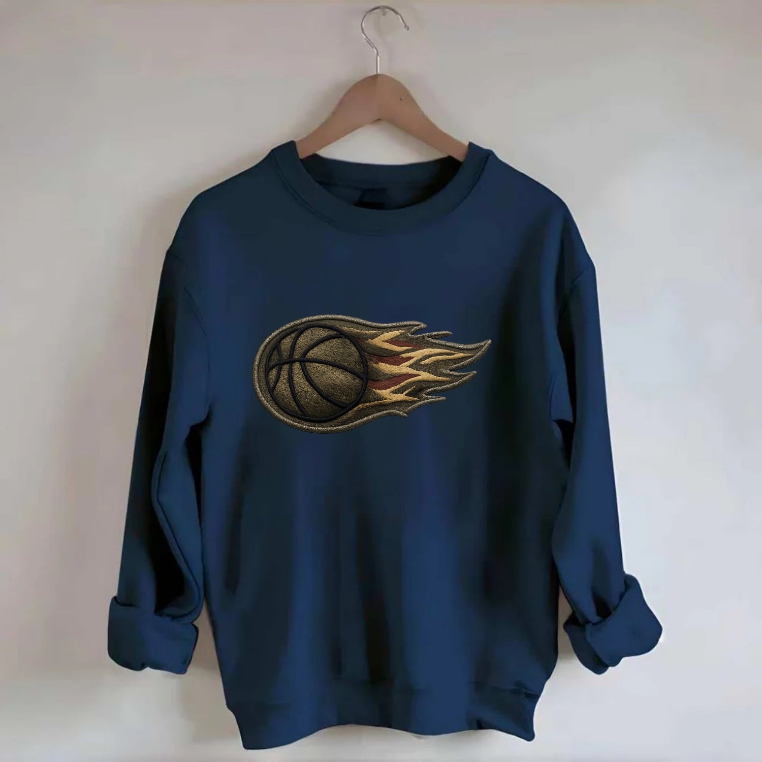 BASKETBALL FLAMING BALL - basketball with flames in orange and red , dynamic - Crewneck Sweatshirt - navy