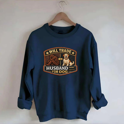 WILL TRADE HUSBAND FOR DOG - dog and man silhouette in brown , pet priority - Crewneck Sweatshirt - navy