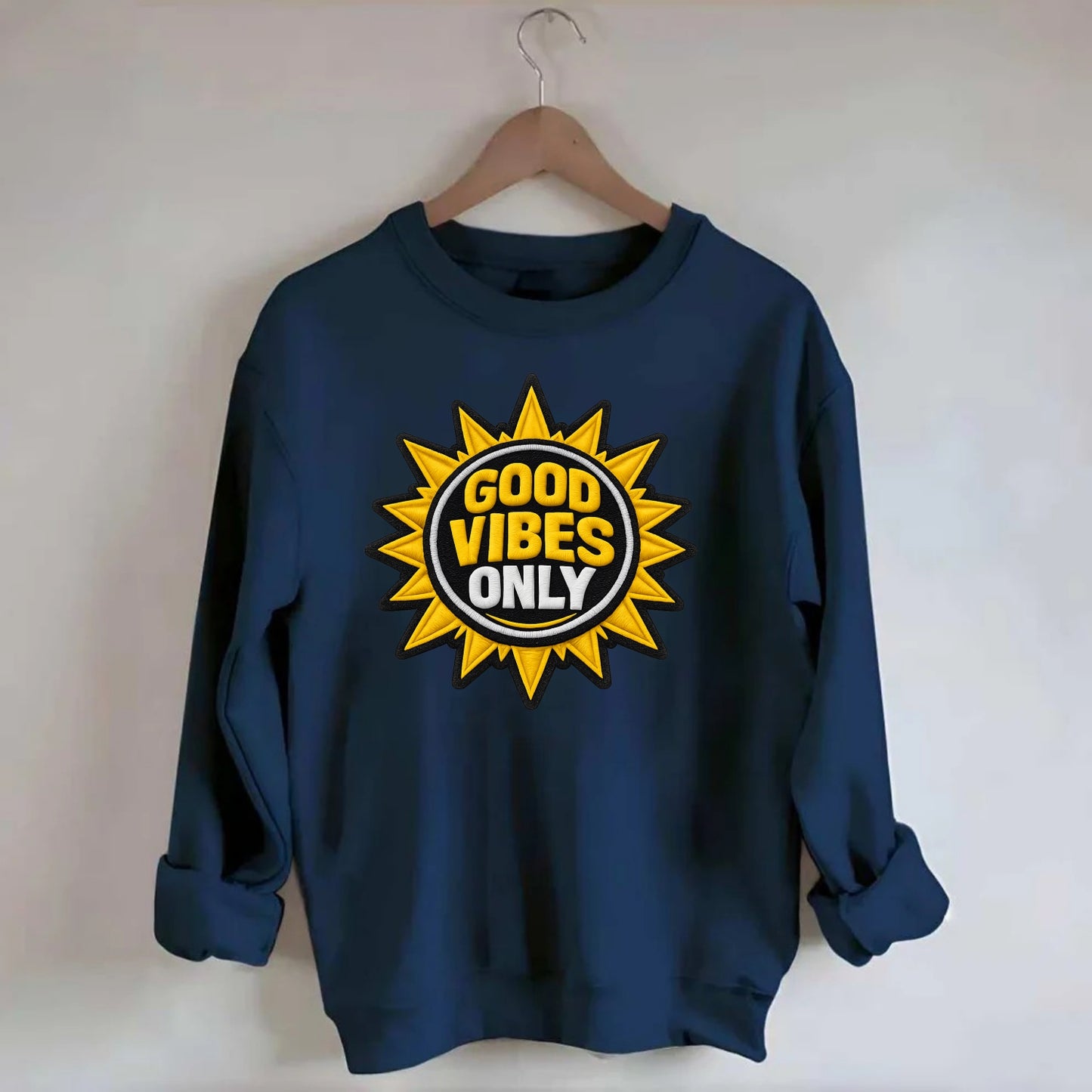 GOOD VIBES ONLY - sun with text in yellow , positive energy - Crewneck Sweatshirt - navy