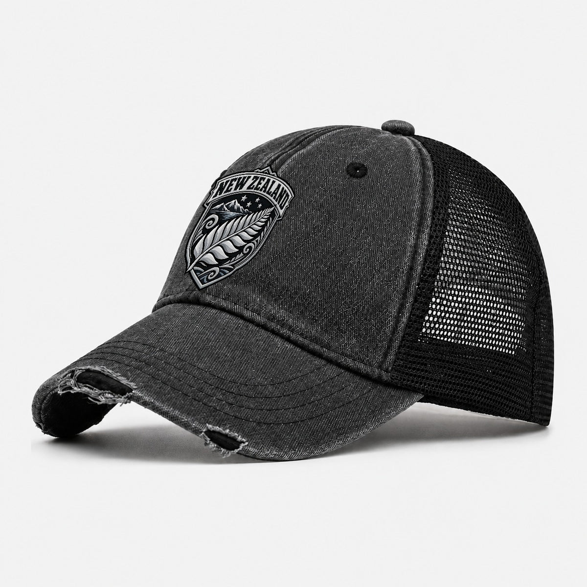 New Zealand Retro Badge Country Logos Washed Trucker Hat – Black