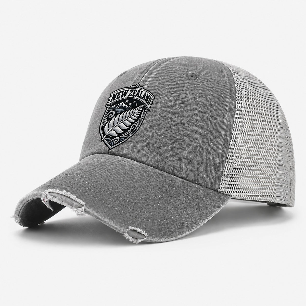 New Zealand Retro Badge Country Logos Washed Trucker Hat – Grey