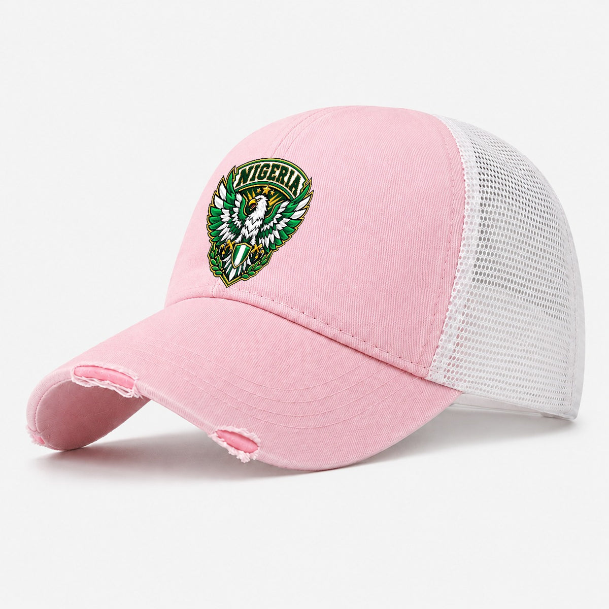 Nigeria Retro Badge Country Logos Washed Trucker Hat – Light Pink