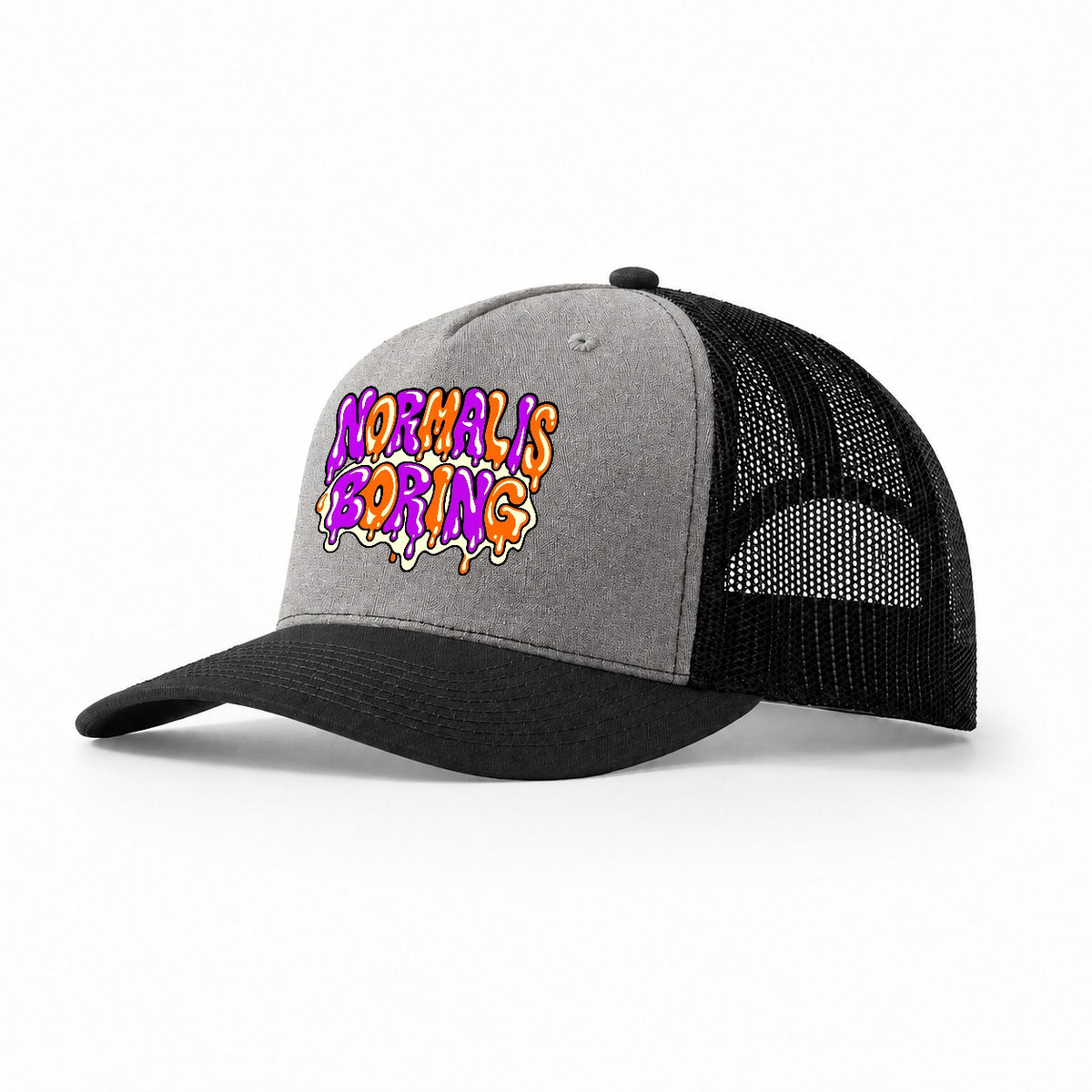Normal Is Boring Crazy Styles Trucker Hat – Grey Black