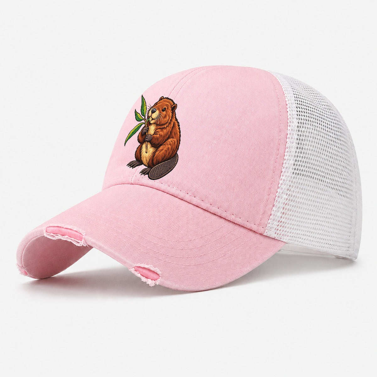 North American Beaver And Willow Sprig Canada Cultural Icons Washed Trucker Hat – Light Pink