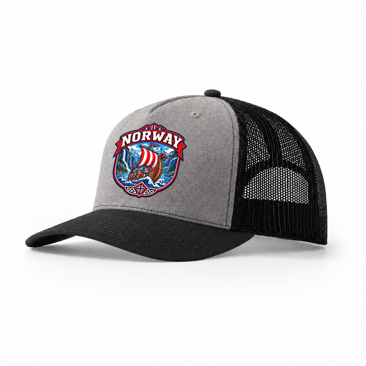 Norway Retro Badge Country Logos Trucker Hat – Grey Black