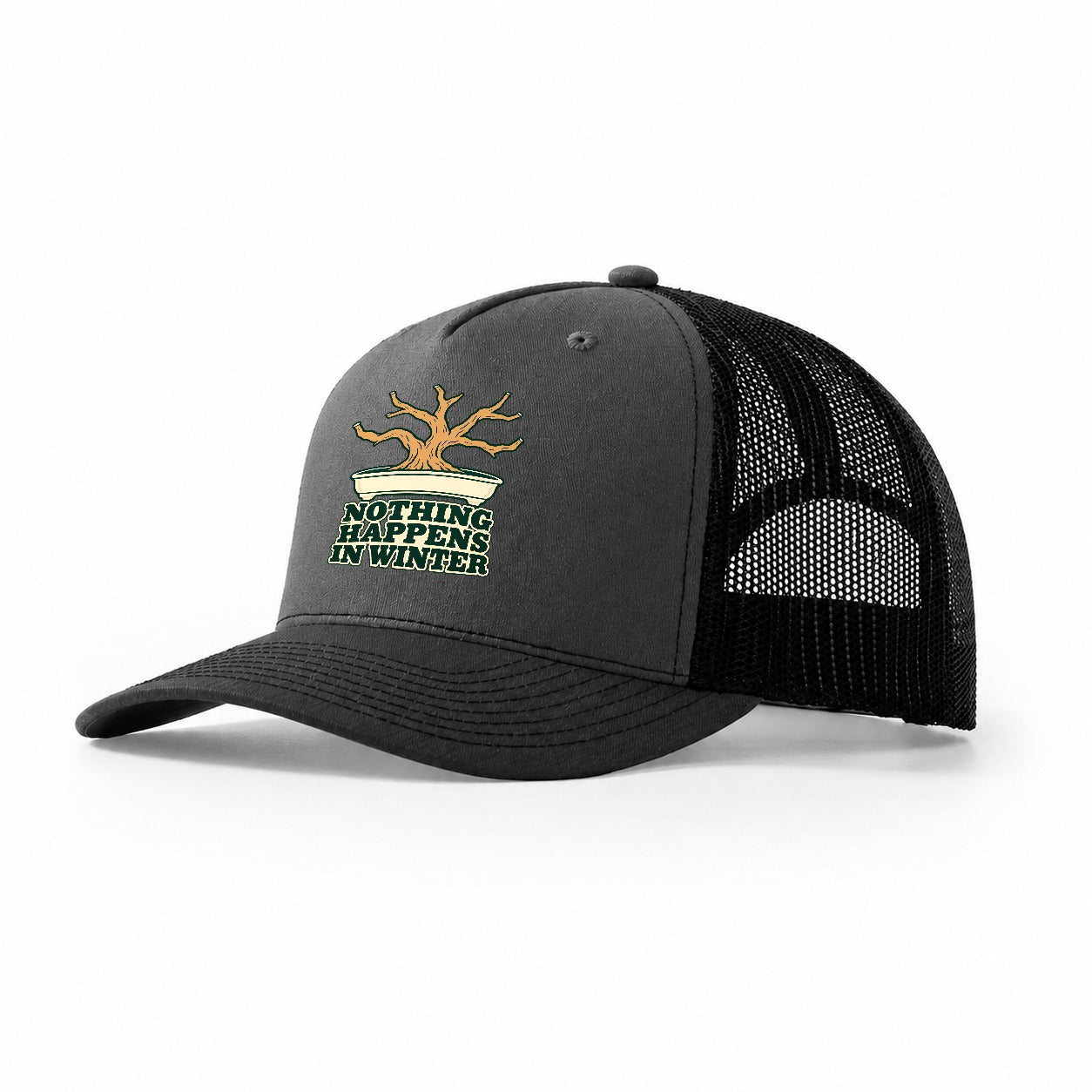 Nothing Happens In Winter Bonsai Trucker Hat – Dark Grey Black
