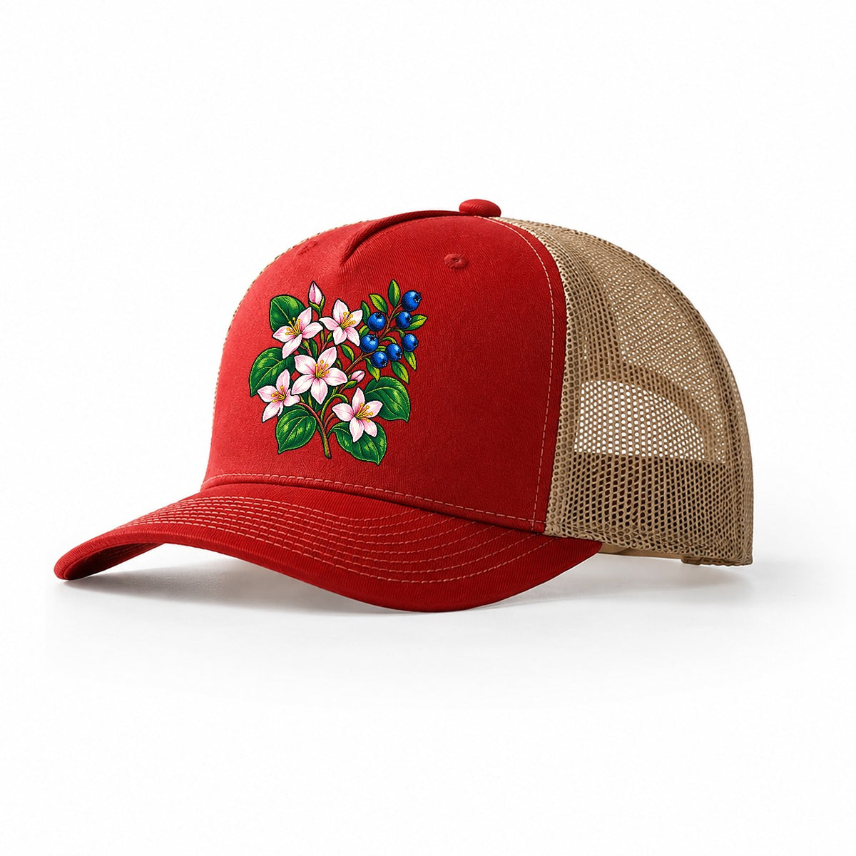 Nova Scotia Mayflower And Wild Blueberries Canada Cultural Icons Trucker Hat – Red Khaki