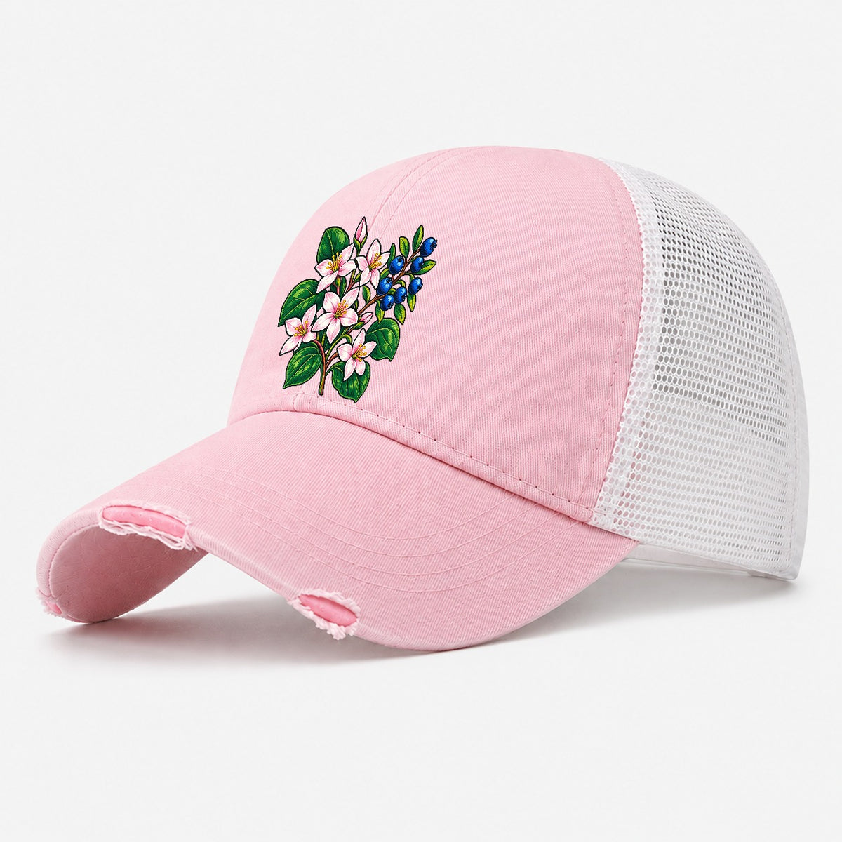 Nova Scotia Mayflower And Wild Blueberries Canada Cultural Icons Washed Trucker Hat – Light Pink