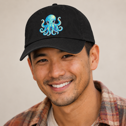 Octopus Curious Wave Sea Sprite Baseball Cap — studio model wearing the hat