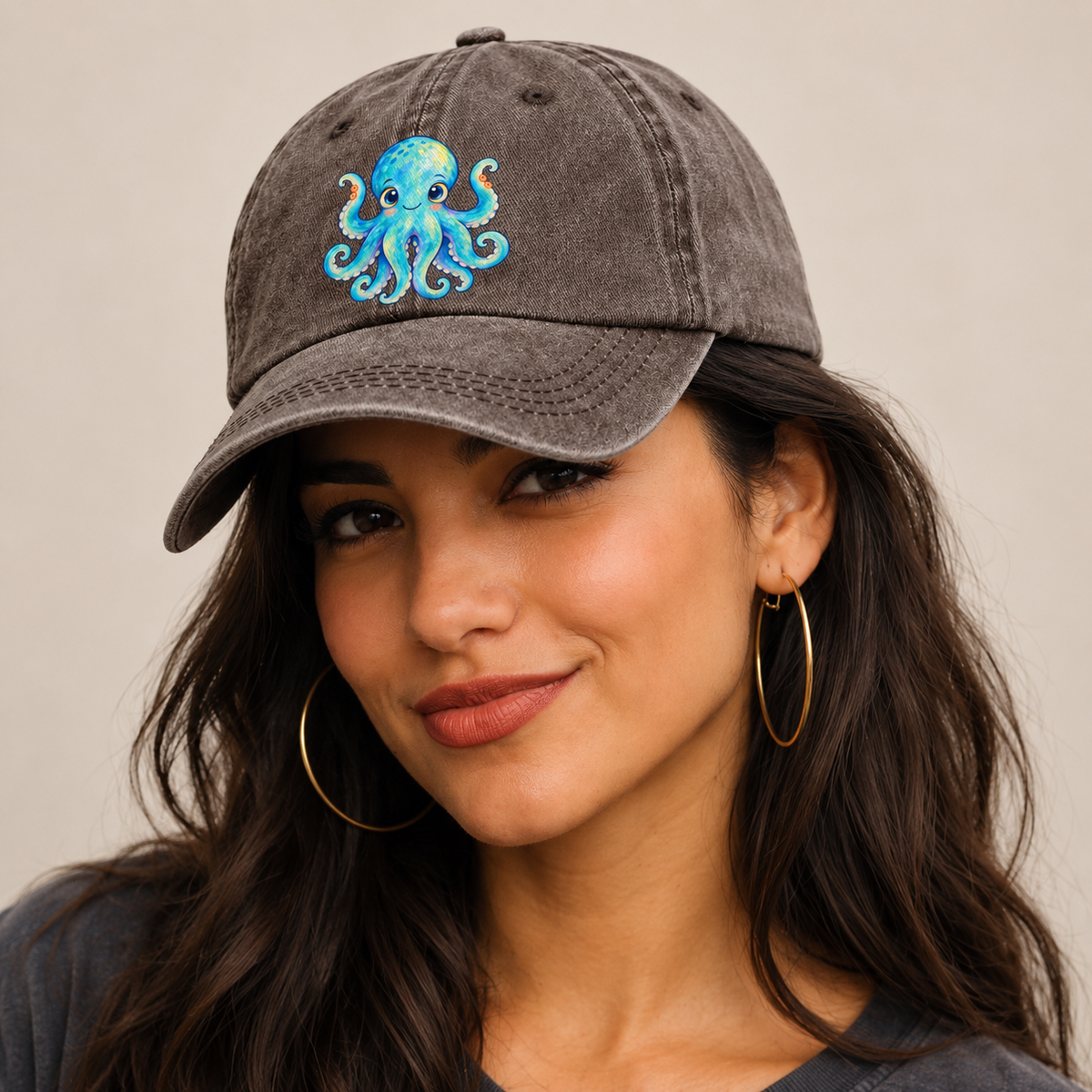 Octopus Curious Wave Sea Sprite Classic Cap — studio model wearing the hat