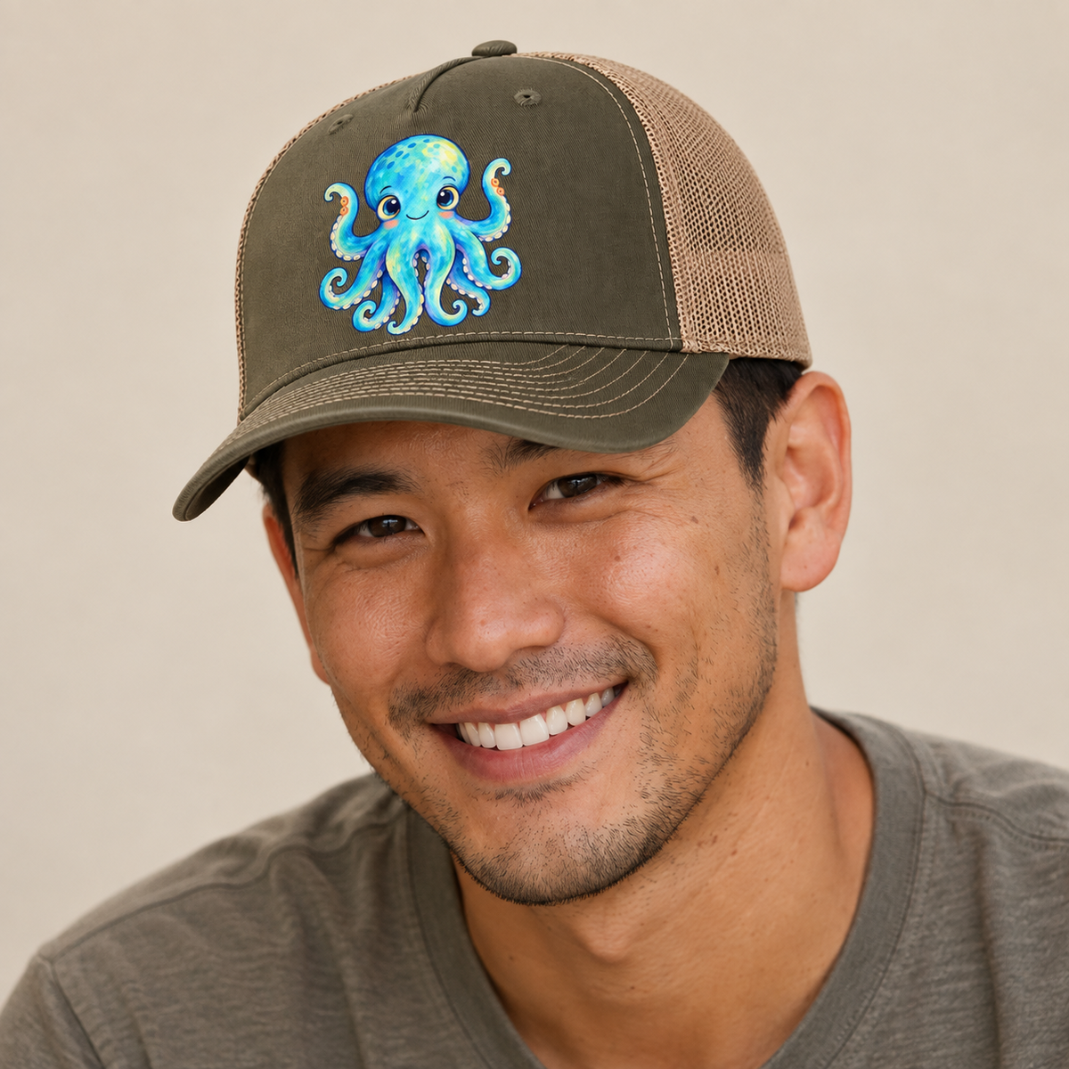 Octopus Curious Wave Sea Sprite Trucker Hat — studio model wearing the hat