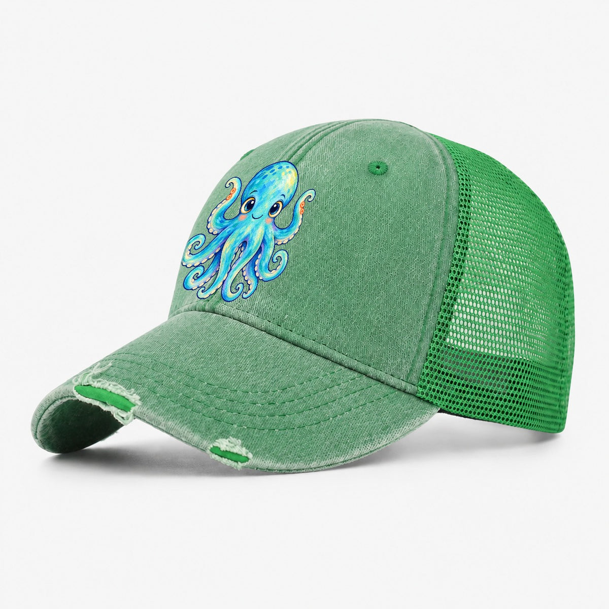 Octopus Curious Wave Sea Sprite Washed Trucker Hat – Ink Green