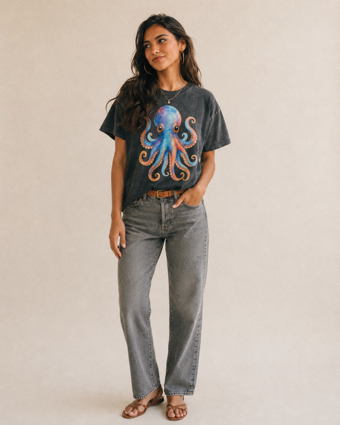 Octopus Cute Vintage T-shirt – studio model photo