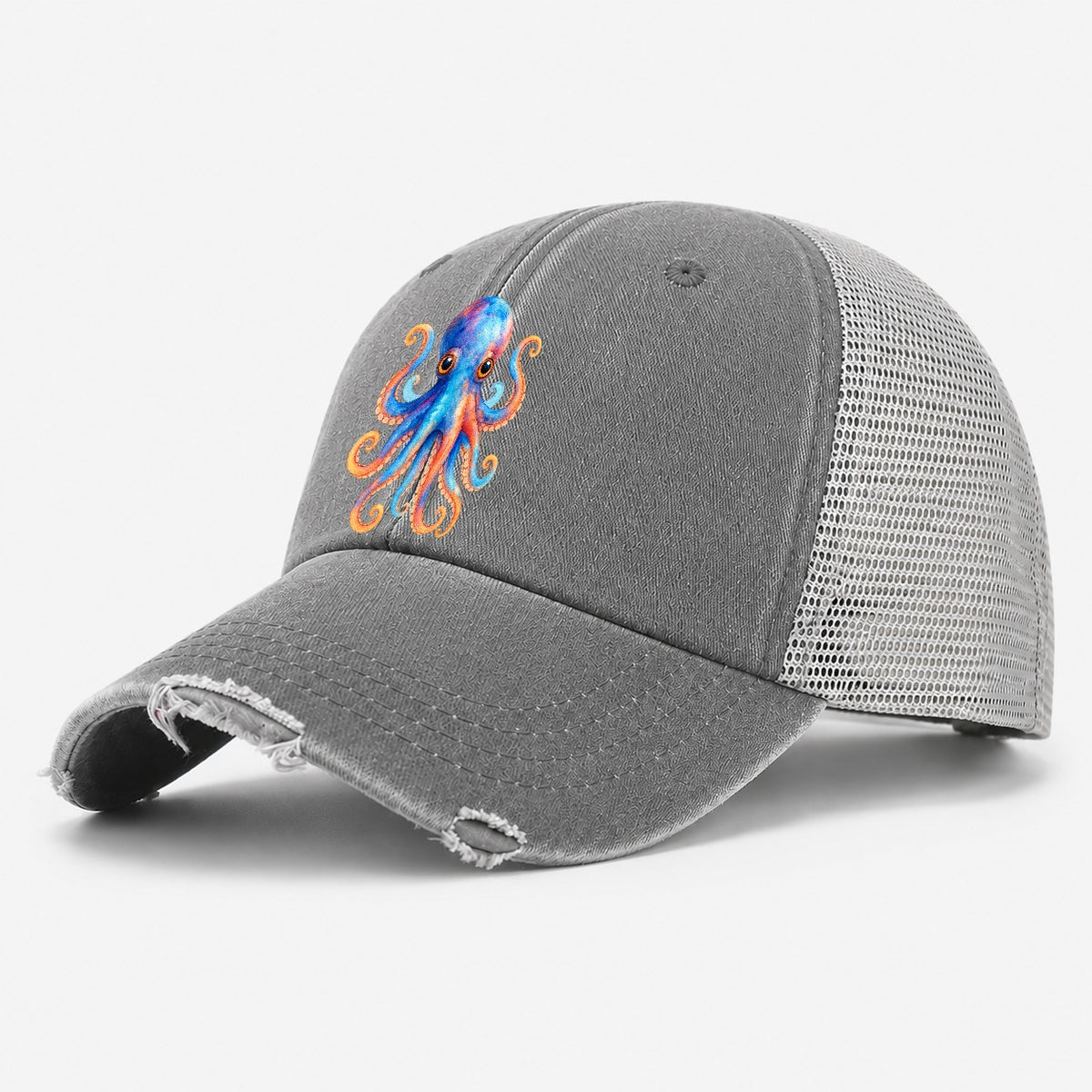Octopus Cute Washed Trucker Hat – Grey