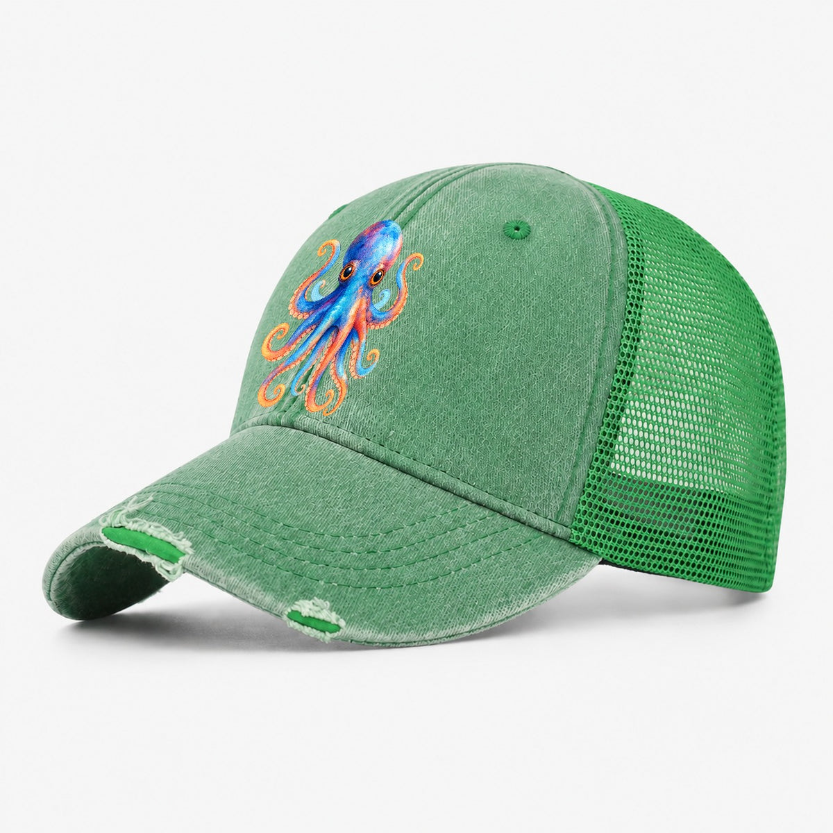 Octopus Cute Washed Trucker Hat – Ink Green