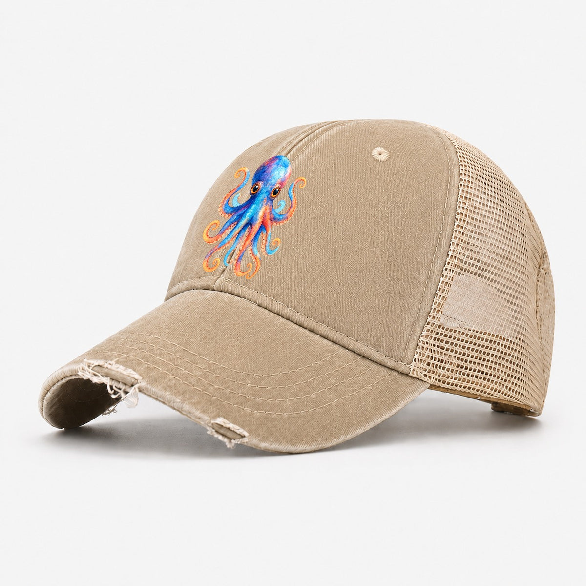 Octopus Cute Washed Trucker Hat – Khaki