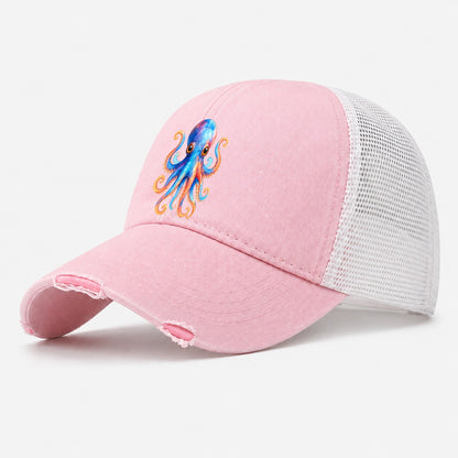 Octopus Cute Washed Trucker Hat – Light Pink