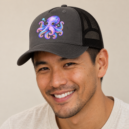 Octopus Playful Pinwheel Sea Sprite Trucker Hat — studio model wearing the hat