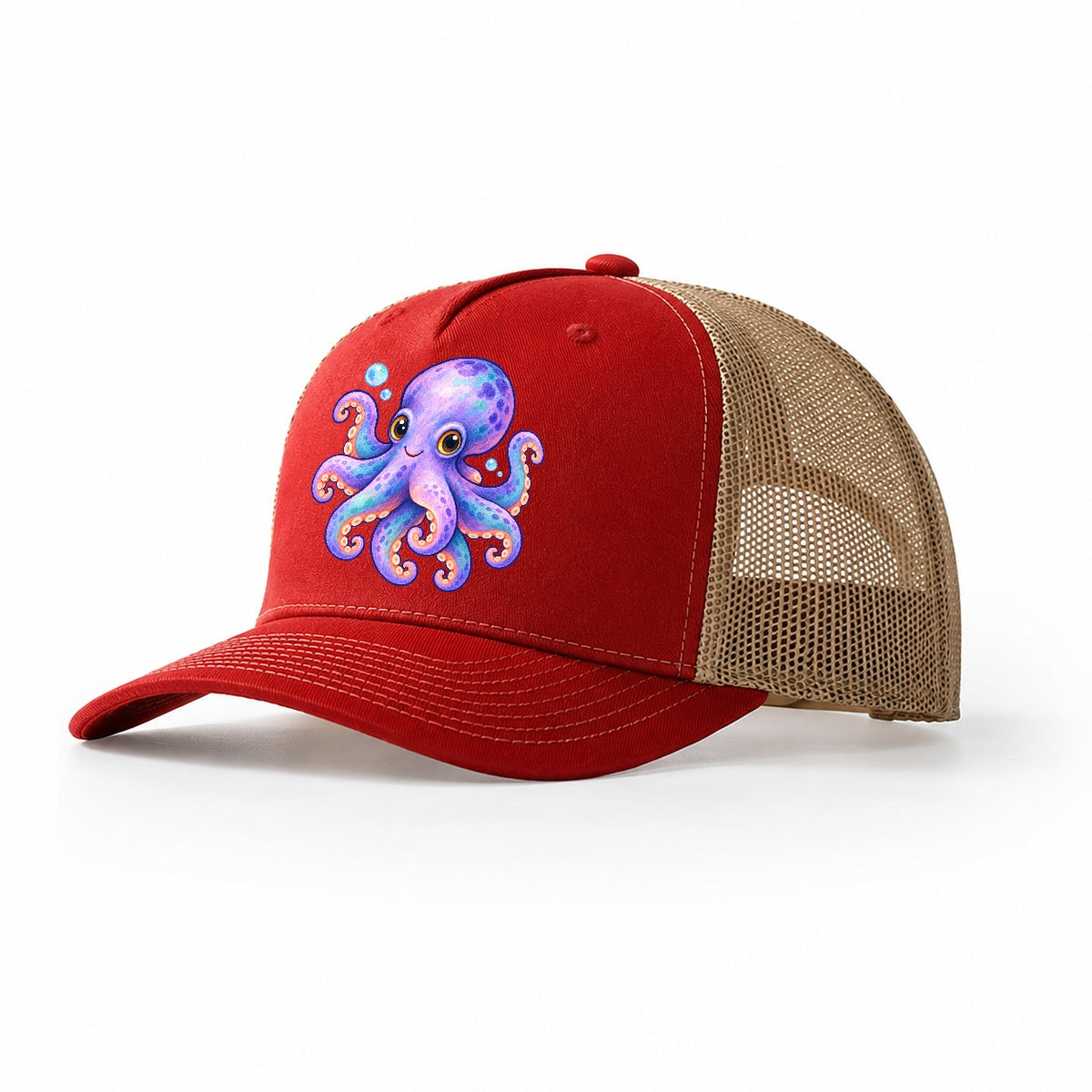 Octopus Playful Pinwheel Sea Sprite Trucker Hat – Red Khaki