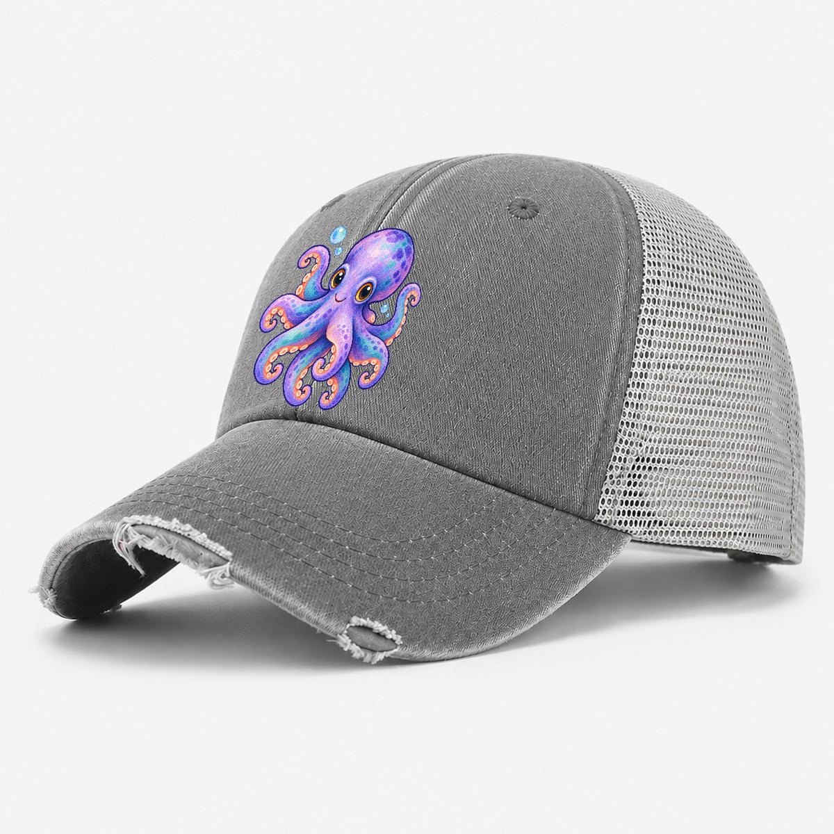 Octopus Playful Pinwheel Sea Sprite Washed Trucker Hat – Grey
