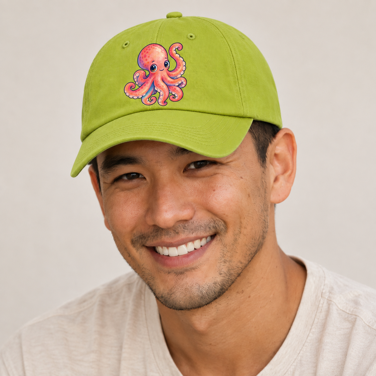 Octopus Tucked Curl Sea Sprite Baseball Cap — studio model wearing the hat