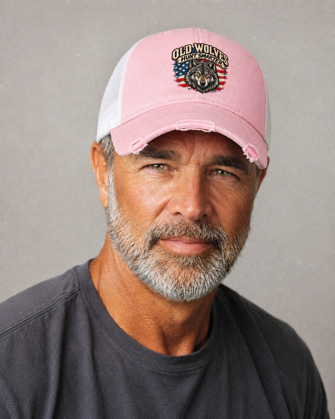 Old Wolves Hunt Smarter Old Man Strong Washed Trucker Hat – studio model photo