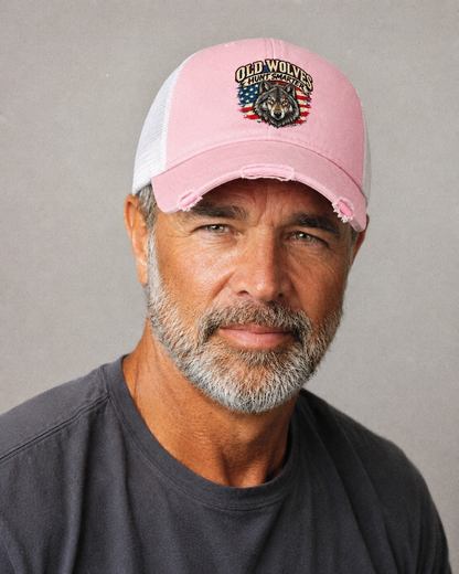 Old Wolves Hunt Smarter Old Man Strong Washed Trucker Hat – studio model photo