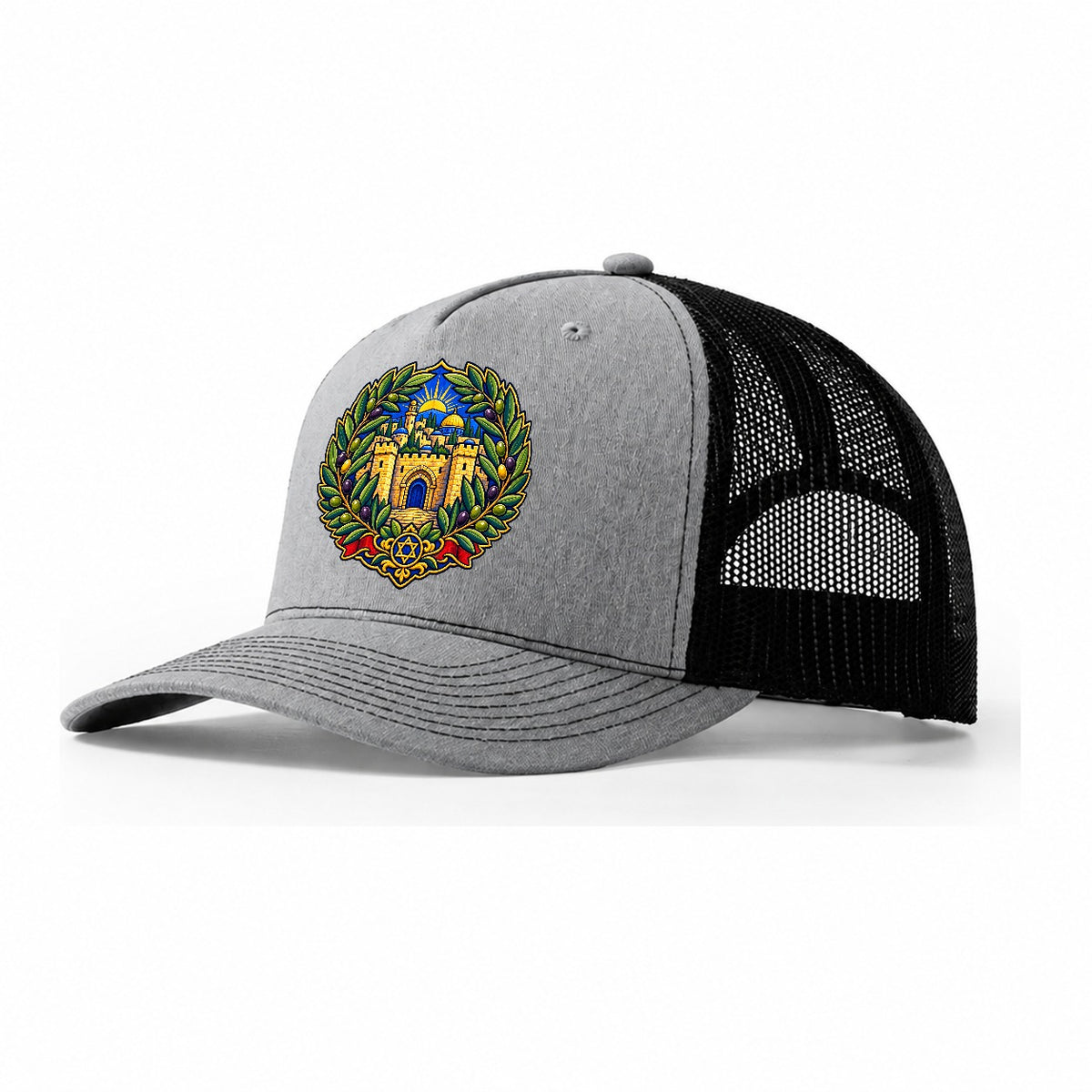 Olive Branch Wreath Jerusalem Trucker Hat – Sport Grey Black