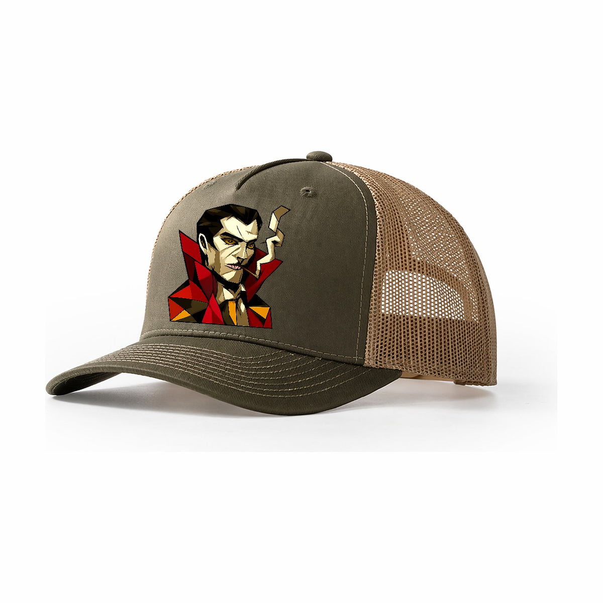 Vampire Portrait Fangs Trucker Hat – Olive Khaki