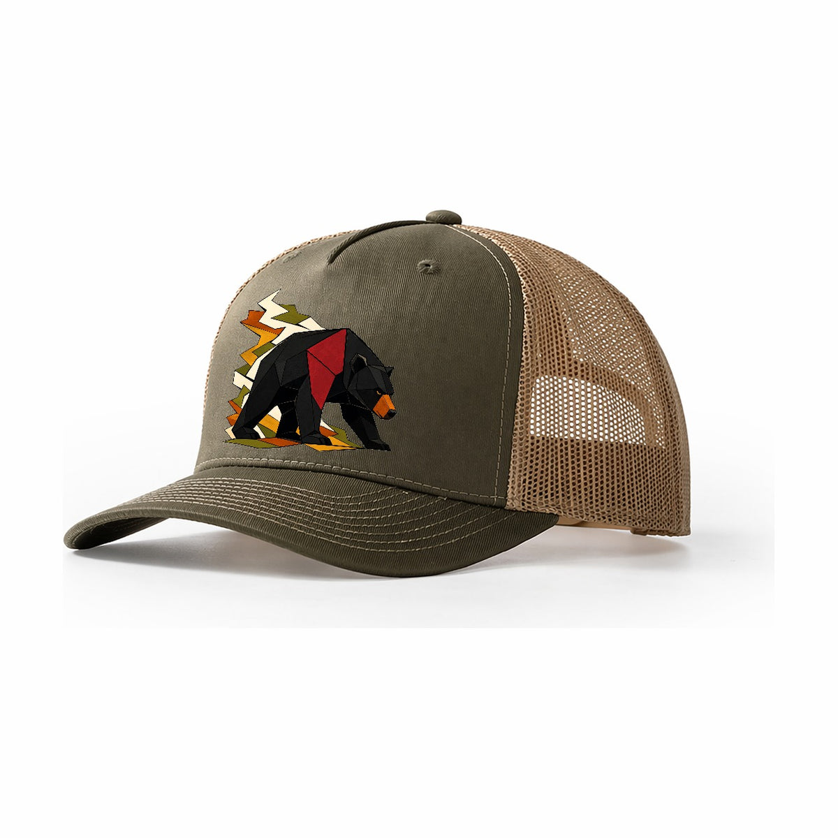 Bear Side Profile Trucker Hat – Olive Khaki