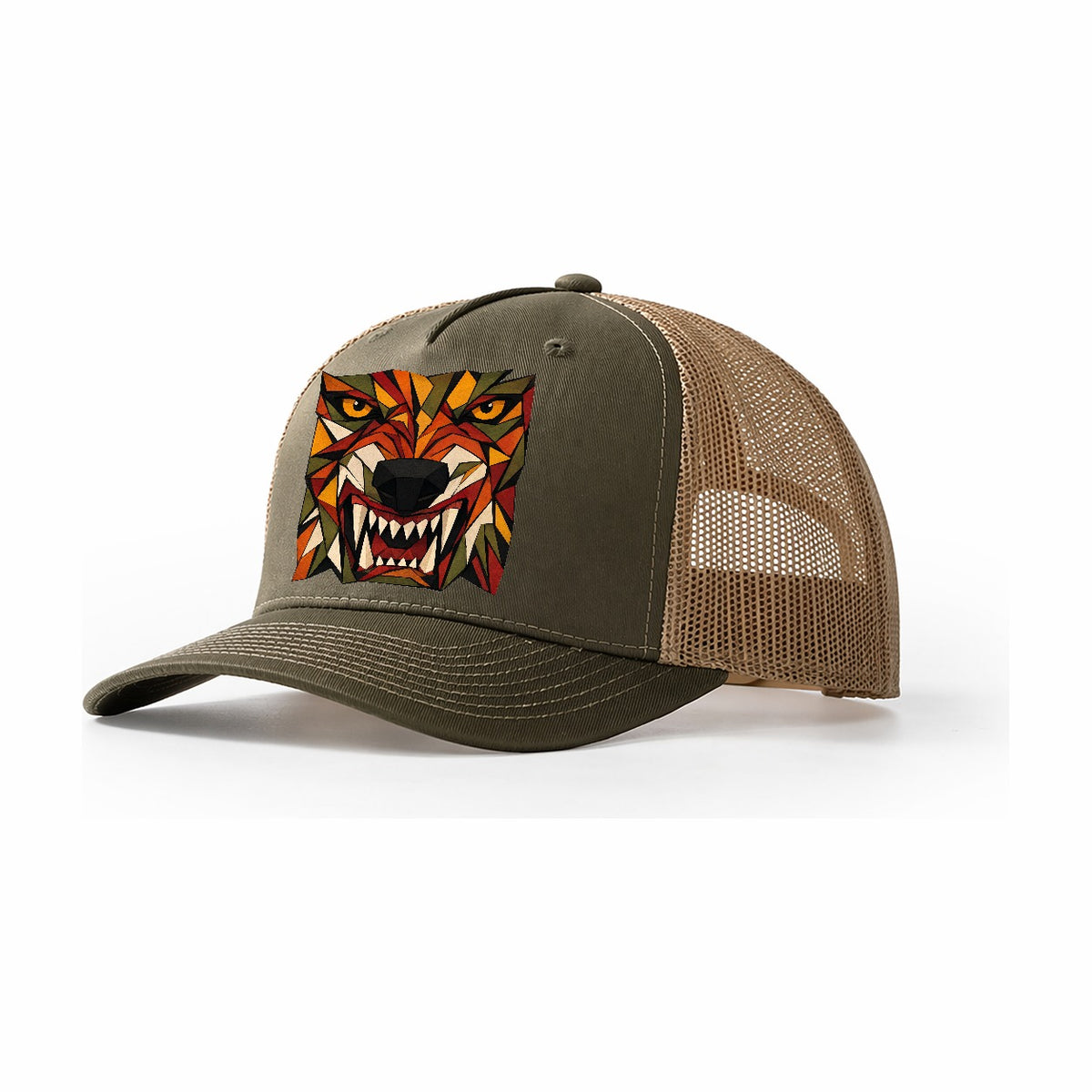 Wolf Snarl Close Up Trucker Hat – Olive Khaki