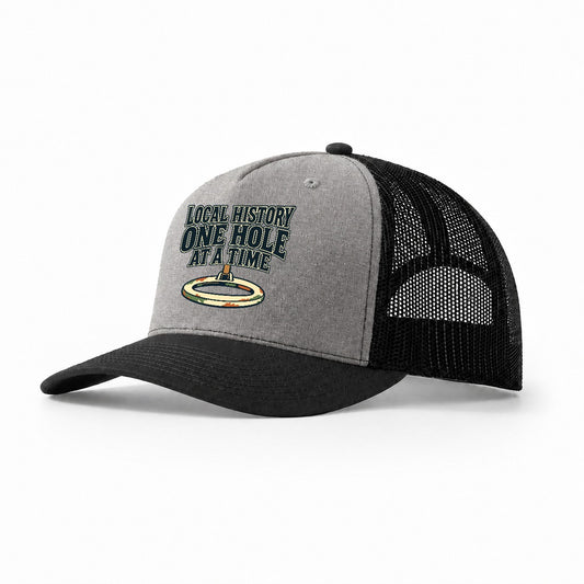 One Hole At A Time Treasure Hunting Trucker Hat – Grey Black