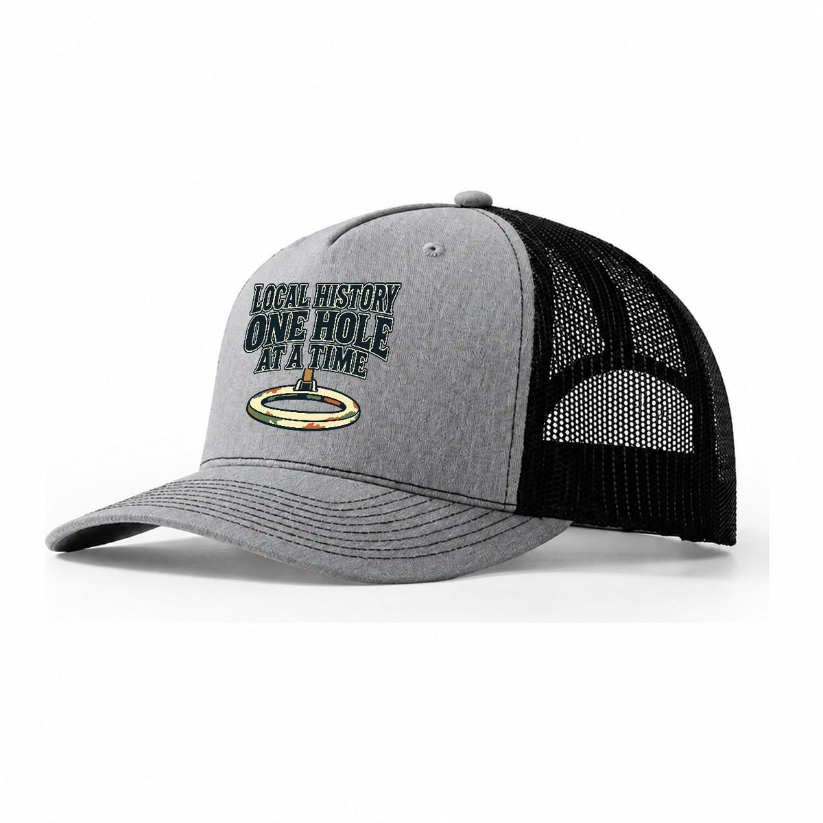 One Hole At A Time Treasure Hunting Trucker Hat – Sport Grey Black