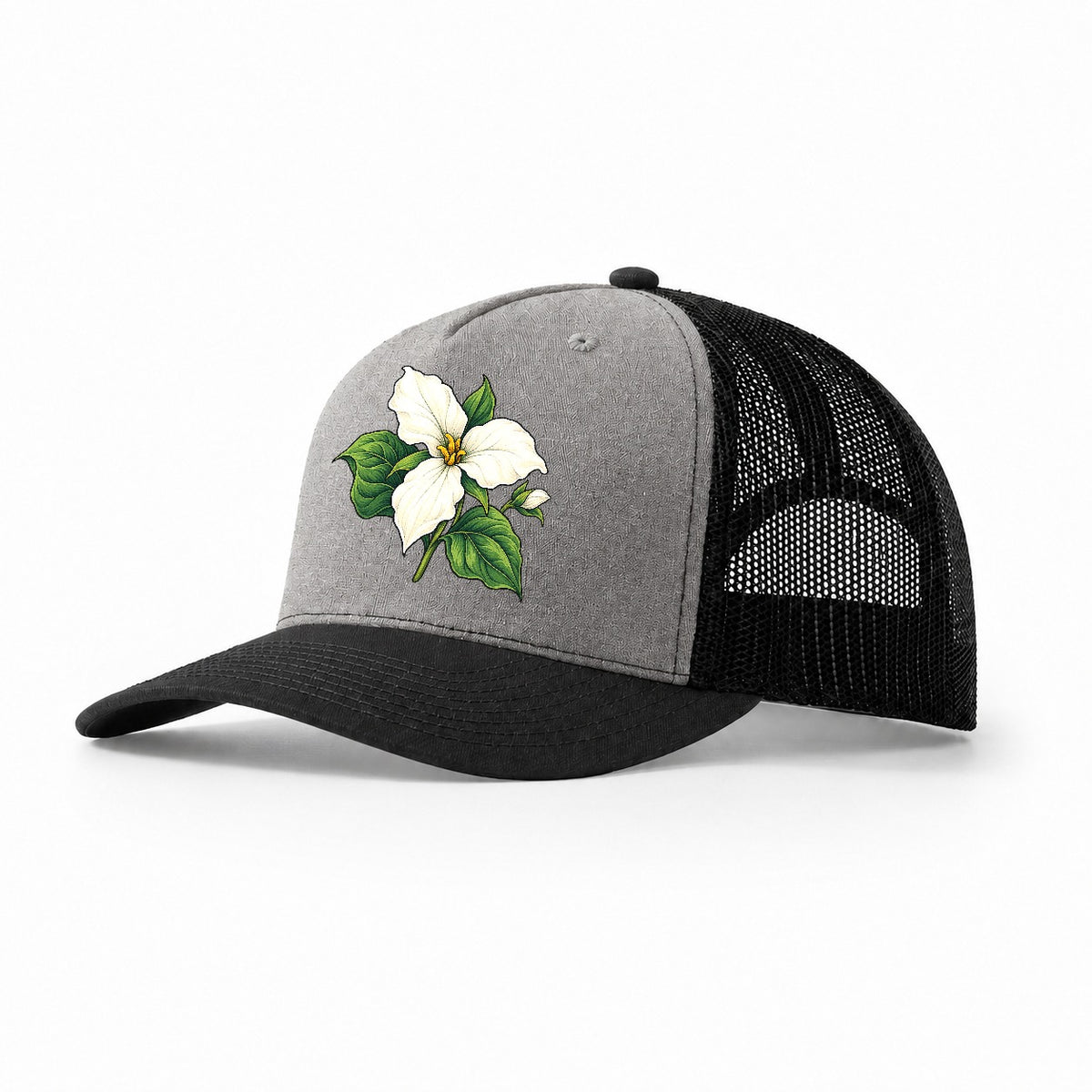 Ontario White Trillium Bloom Canada Cultural Icons Trucker Hat – Grey Black