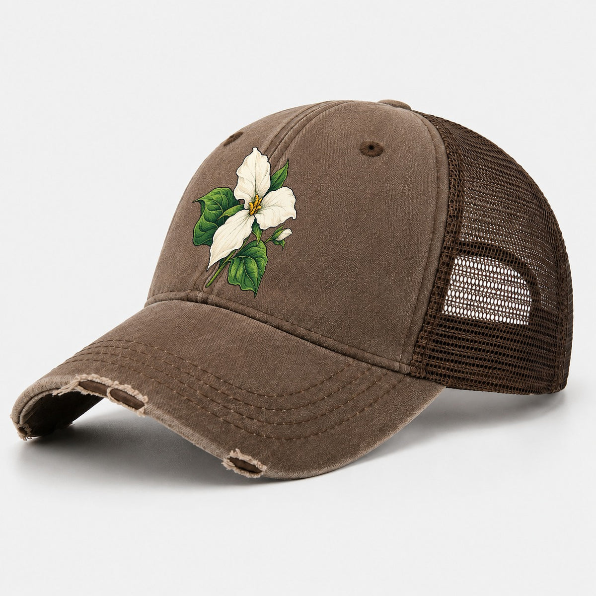 Ontario White Trillium Bloom Canada Cultural Icons Washed Trucker Hat – Coffee