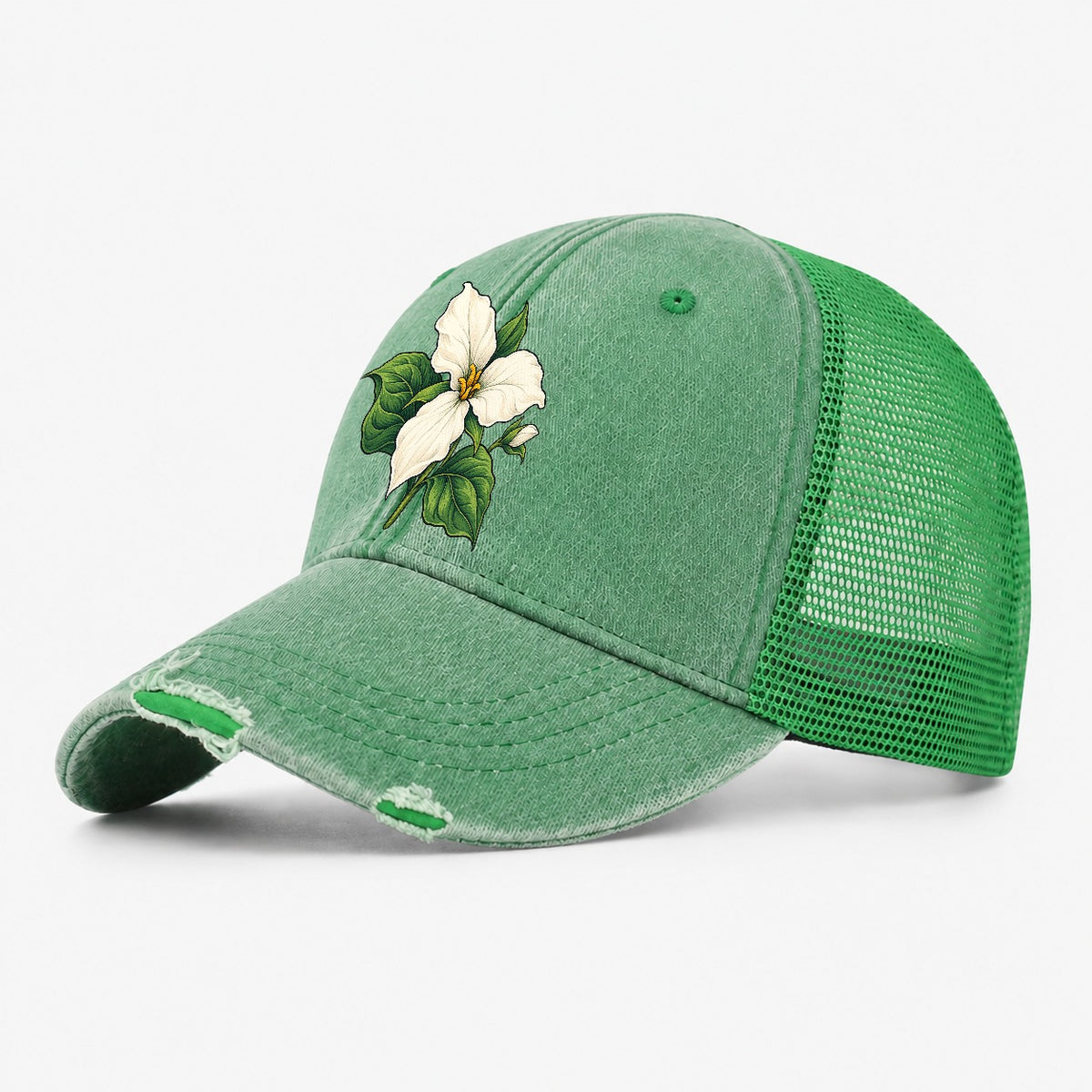 Ontario White Trillium Bloom Canada Cultural Icons Washed Trucker Hat – Ink Green