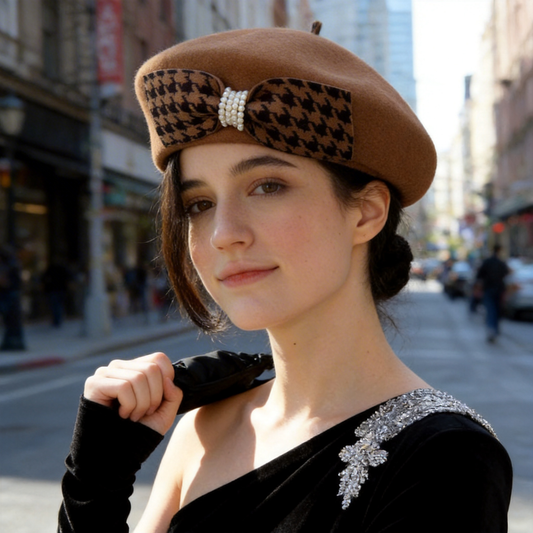 秋冬用ラインストーン装飾ウールベレー帽 - トレンドのチェック柄リボン付き、軽量で伸縮性のない女性用エレガントなフレンチスタイルのペインターキャップ、新年のお祝いに最適